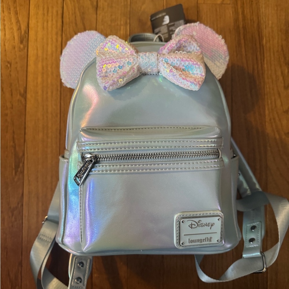 Loungefly Iridescent Silver Mini Backpack with Pastel Sequin Ears and Bow NWT - Picture 2 of 4